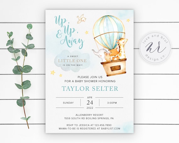 Animal Hot Air Balloon Watercolor, Up Up & Away, Safari Animals, Baby Shower Invitation, Instant Download, Edit Yourself