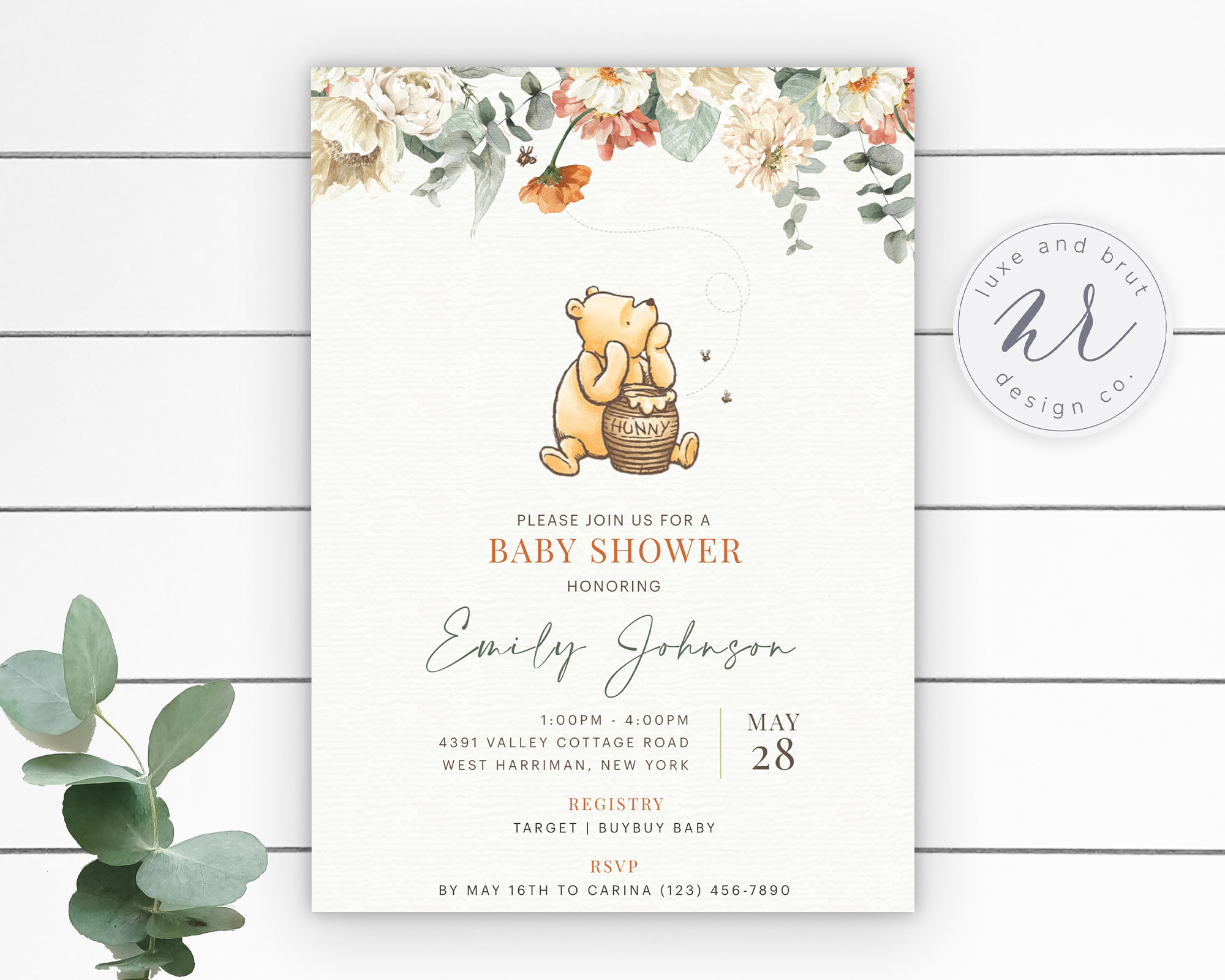 Winnie the Pooh Baby Shower Invitation, Muted Watercolor Greenery and
