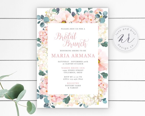 Blush and Ivory Hydrangea Bridal Brunch Shower Invitation, Watercolor Design, Instant Download, Edit Yourself in Corjl