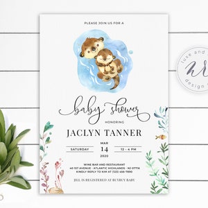 Invito per baby shower con la famiglia Otter, baby shower neutro, acquerello, personalizzato, fai da te, modificabile