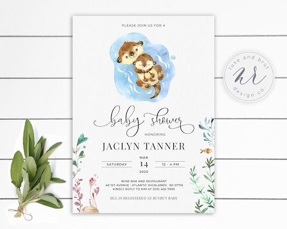 Otter Family Baby Shower Invitation, Neutral Baby Shower, Watercolor, Custom, DIY, Edit Yourself