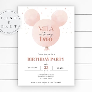 Mickey Park Balloon Birthday Party Invitation, Birthday Girl, Pink Balloon, Watercolor, Edit Yourself In Corjl, Instant Download