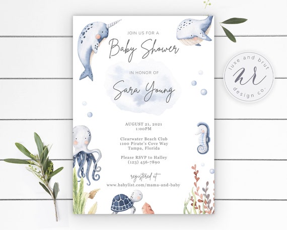 Under The Sea Watercolor Baby Shower Invitation, Ocean Animals, Turtle, Whale, Coral, Edit Yourself, Instant Download