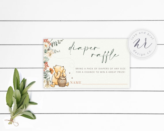 Winnie the Pooh Baby Shower Matching Thank You Diaper Raffle Card, Greenery and Magnolia Flowers, Instant Download, Edit Yourself with Corjl