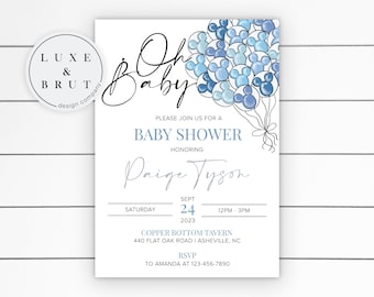 Puede incluir: Una invitación de baby shower azul y blanca con una ilustración de dibujos animados de globos azules con forma de orejas de Mickey Mouse. La invitación dice "Oh Baby" e incluye la fecha, la hora y el lugar de la ducha. También se incluye información de RSVP.