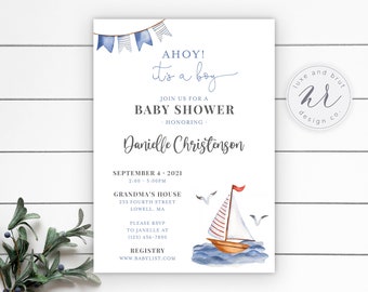Ahoy It's a Boy Sailboat Nautical Baby Shower Invitation, Digital Download