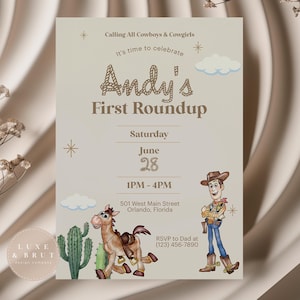 Invito alla festa di compleanno di Woody's First Round Up, il primo rodeo del bambino, cowboy e cowgirl, modifica te stesso in Corjl