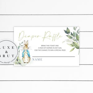 Cartão de rifa de fraldas para chá de bebê do Peter Rabbit, itens correspondentes, download instantâneo, edite você mesmo em Corjl