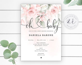 Oh Baby Blush Pink Floral Baby Shower Invitation Girl, Greenery and Roses, Digital Download, Customizable, DIY