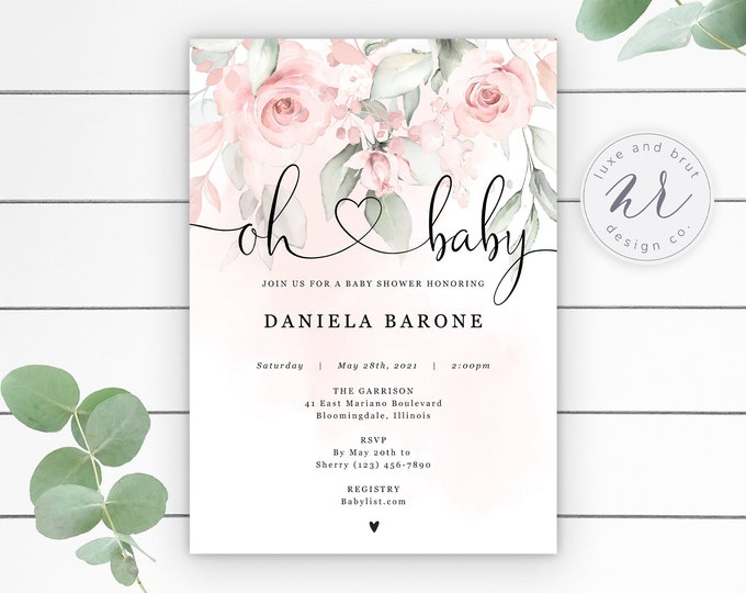 Oh Baby Blush Pink Floral Baby Shower Invitation Girl, Greenery and Roses, Digital Download, Customizable, DIY