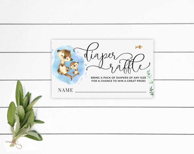 Otter Family Baby Shower Invitation Matching Diaper Raffle Card, Instant Download