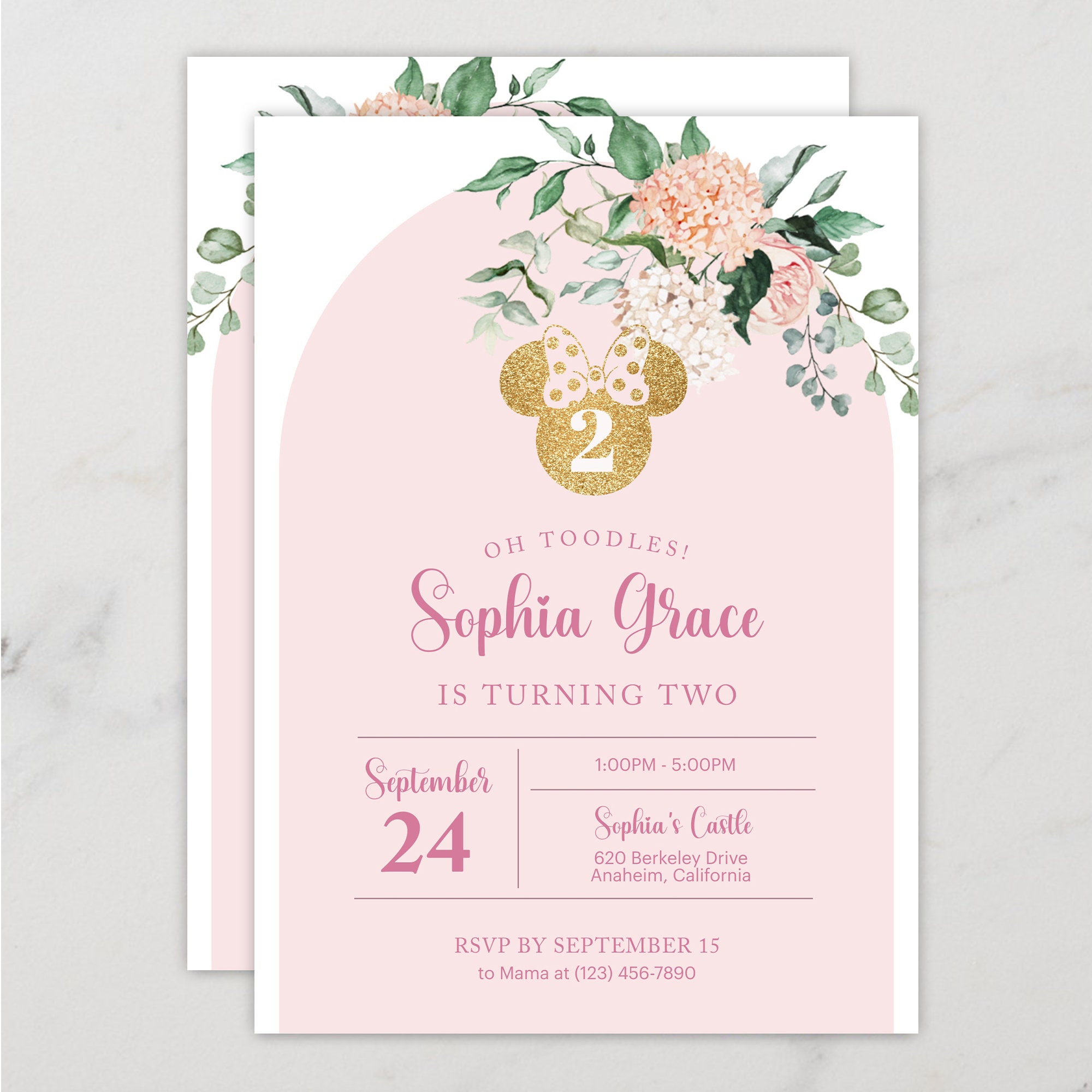Minnie Mouse Birthday Invitation: Gold Glitter Floral, Editable (DIY ...