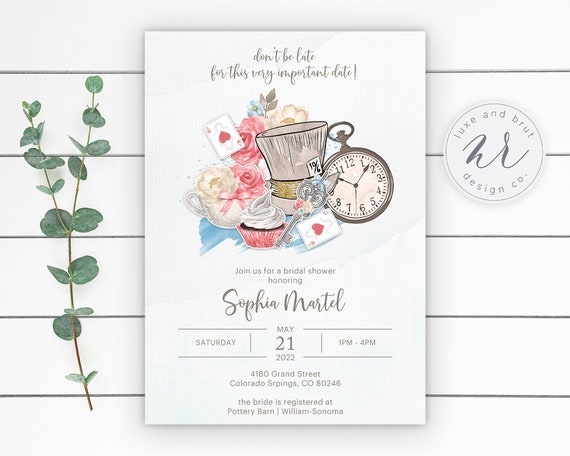 Alice In Wonderland Bridal Shower Invitation, Mad Hatter, Don't Be Late, Editable File