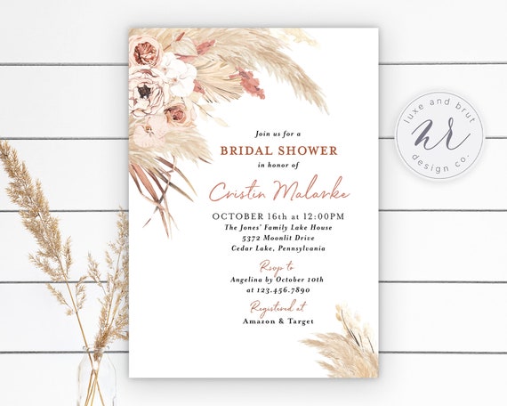 Pampas Grass Fall Floral Bridal Shower Invitation, Bohemian Bridal Shower, Boho Desert, Digital File, DIY