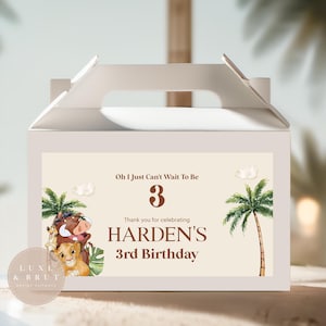 May include: A white gable box with a handle, featuring a custom design for a third birthday. The design includes cartoon characters, palm trees, and the text "Oh I Just Can't Wait To Be 3" and "HARDEN'S 3rd Birthday".