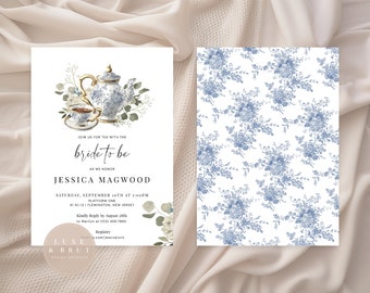 English Tea Party Bridal Shower Invitation: Blue Paisley (Editable, Instant Download)