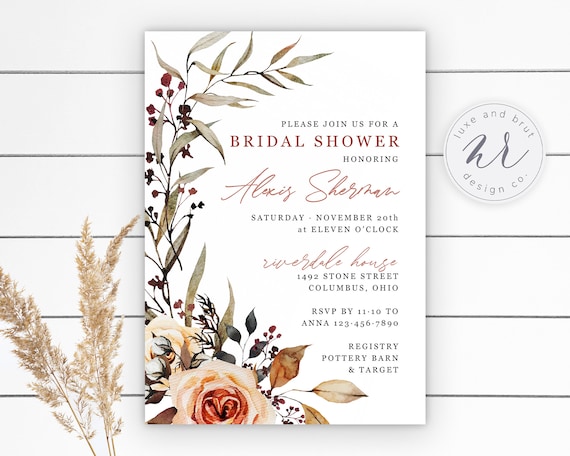 Boho Rustic Romantic Floral Bridal Shower Invitation, Fall Floral and Greenery, Digital Download