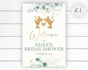 Happily Ever After Bridal Shower Welcome Sign, Mickey + Minnie Love, Greenery, Digital, Editable