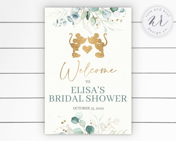 Happily Ever After Bridal Shower Welcome Sign, Mickey + Minnie Love, Greenery, Digital, Editable