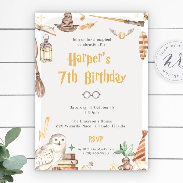 Magical Wizard Birthday Party Invitation, Wizardry, Watercolor, Editable, Instant Download