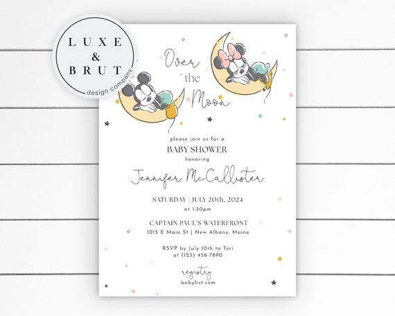 Over the Moon Mickey and Minnie Baby Shower Invitation, Watercolor Sprinkles, Instant Download, Edit Yourself with Corjl