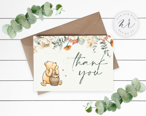 Winnie the Pooh Baby Shower Matching Thank You Card, Greenery and Magnolia Flowers, Editable, Instant Download, Edit Yourself with Corjl