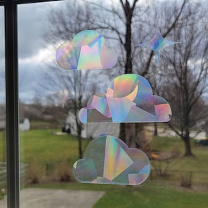 Cloud Suncatcher Stickers, Rainbow maker window decals, Set of 3 clouds and 2 stars