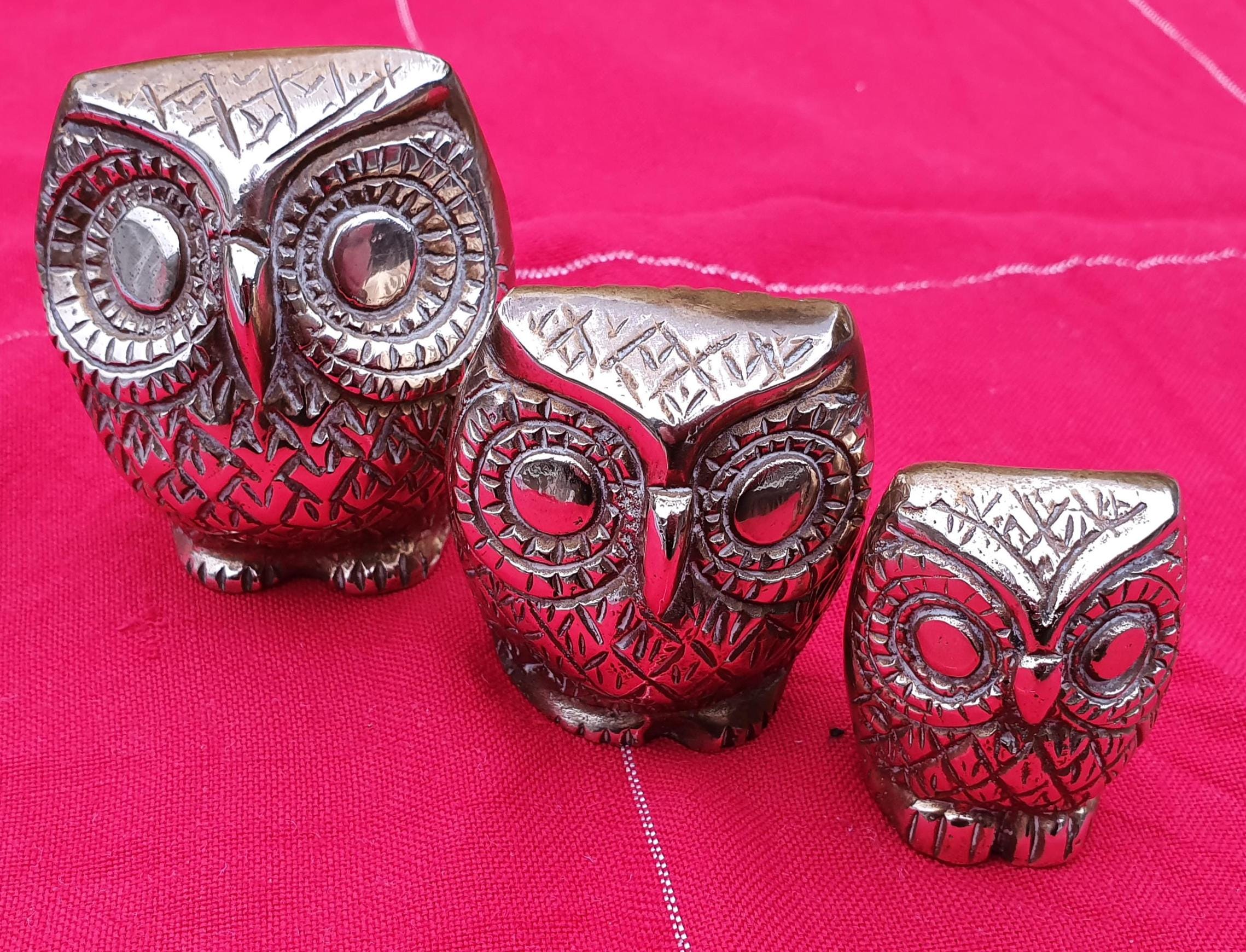 Vintage Brass Owls, Set of Three Owl Figurines, Graduated Sizes