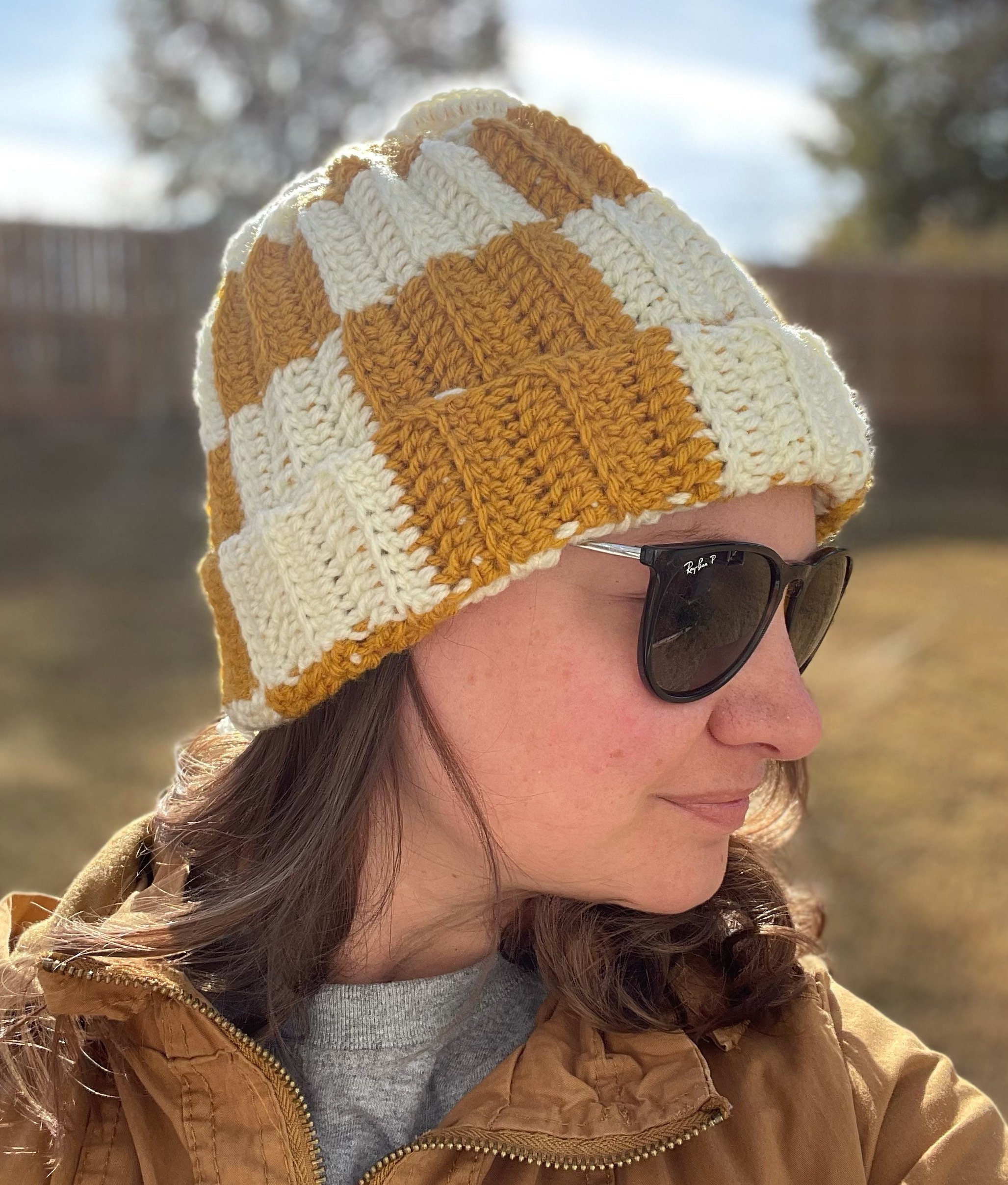 Checkered Crochet Beanie Hat in Mustard 