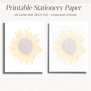 Papelería imprimible con temática de girasoles, papel rayado para notas, páginas de diario sin rayas, bloc de notas floral en blanco, descarga digital boho, tamaño carta