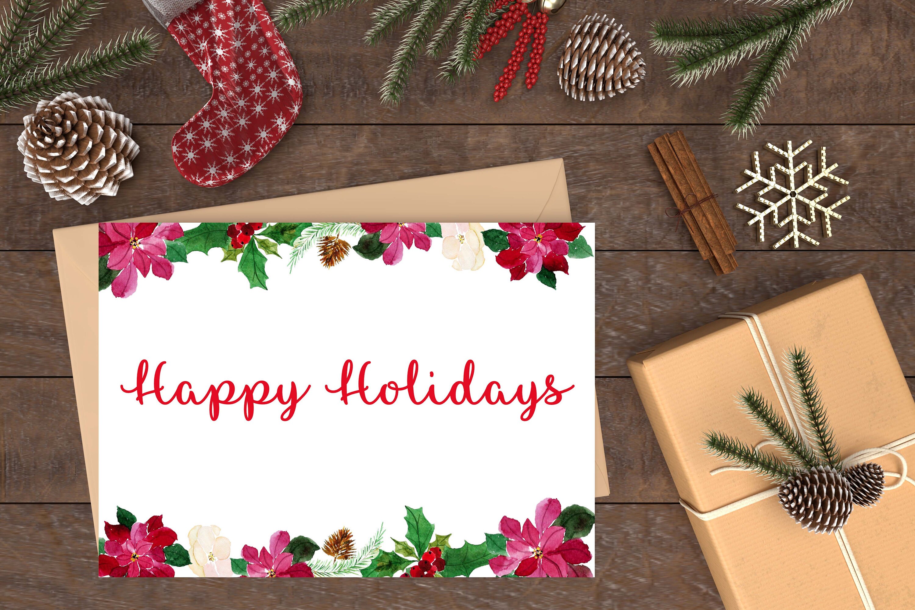 Happy Holidays Printable Card Floral Christmas Card Etsy