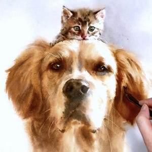 Custom Pet Portrait Watercolor Painting Two Pets Dog and Cat Portrait from Photo Personalized Pet Art Gift