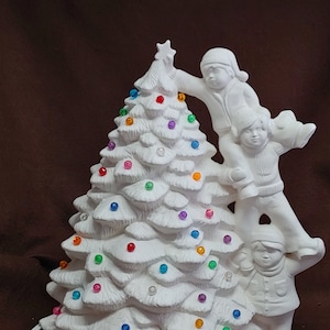 Unpainted Ceramic Bisque 11&quot; Christmas Tree with 3 Boys Vintage Hershey Mold Ready to Paint DIY Kit