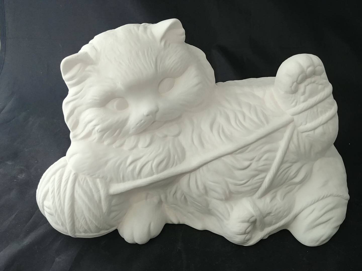 Ready to Paint Ceramic Bisque Large Cat with Yarn Vintage Mold Etsy