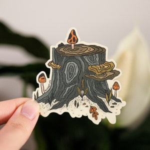 Cottagecore Mushroom and Tree Stump Waterproof Vinyl Sticker