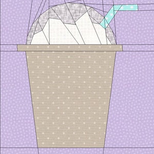 May include: A brown paper cup with a white, fluffy, ice cream-like topping and a blue and white striped straw. The cup is on a purple background.