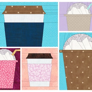Hot Iced Coffee / Boba Combo Pack Foundation Paper Piece Pattern, PDF instant download, 6 & 6 inch, easy foundation piecing FPP quilt block