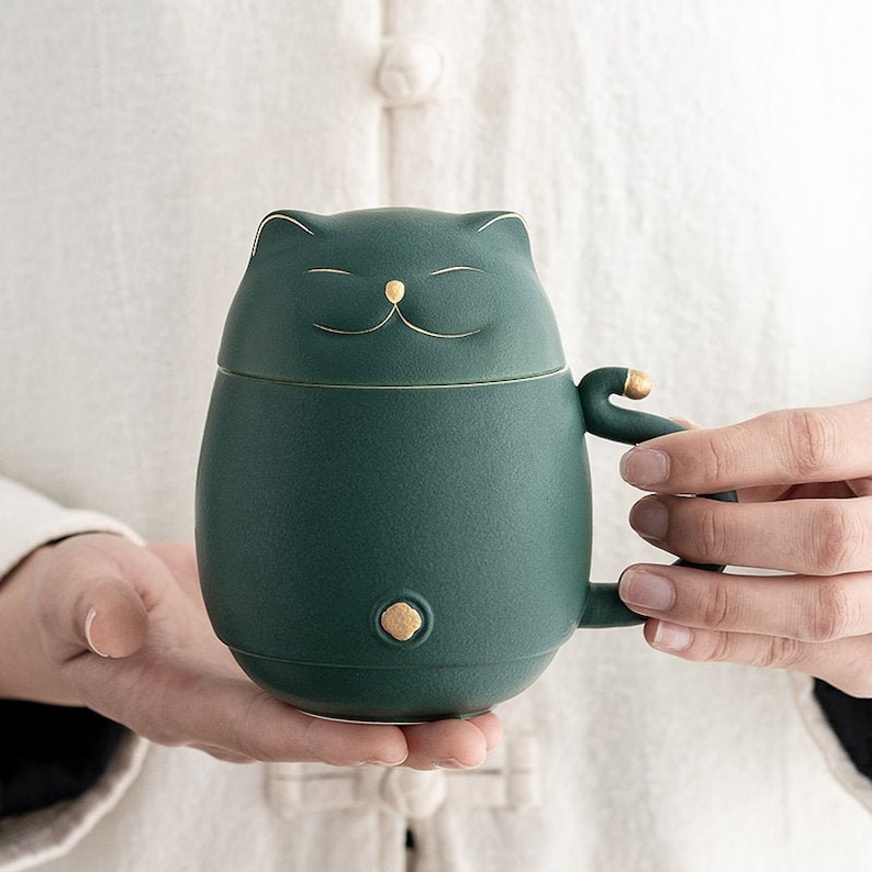 TANGPIN TEA- Lucky Cat Ceramic Tea Cup with Infuser Cute Cat Tea Mug with Lid 