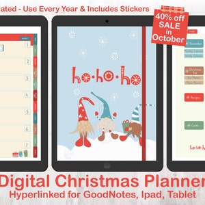 May include: Digital Christmas planner for GoodNotes, iPad, and tablets. The planner features a festive design with gnomes and the text "ho-ho-ho". It includes a monthly calendar, weekly calendar, Christmas Eve and Day planners, recipe and list sections, and a "cards" section.