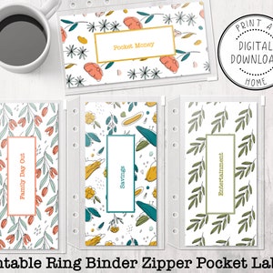 Könnte beinhalten: Druckbare Ringbuch-Reißverschluss-Taschen-Etiketten mit Blumenmustern. Die Etiketten haben verschiedene Kategorien, darunter "Taschengeld", "Familientag", "Sparen" und "Unterhaltung".