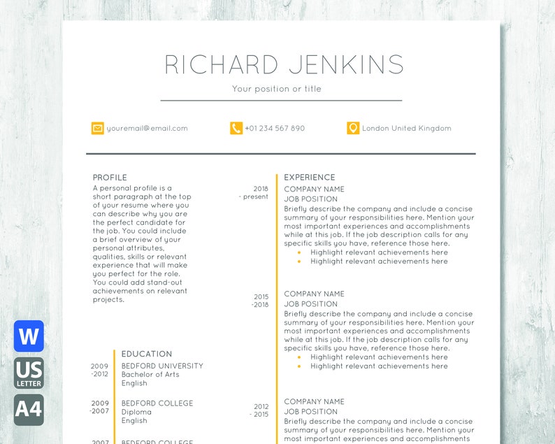 Simple One Page Resume Template With Cover Letter Resume Template Compatible With Microsoft Word Cv Template Paper Party Supplies Templates Vadel Com