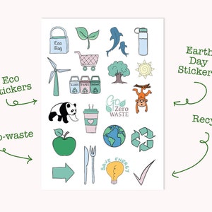 Umweltfreundliche Aufkleber mit recycling und umweltfreundlichen Ideen. Toll für Earth Day, Schulprojekte oder zum Dekorieren von Journalen