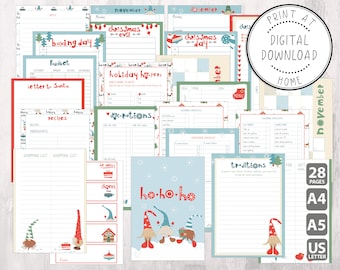 Printable Christmas planner, with cute Christmas gnomes theme. Plan your best Christmas! Digital download files in US letter, A4 A5