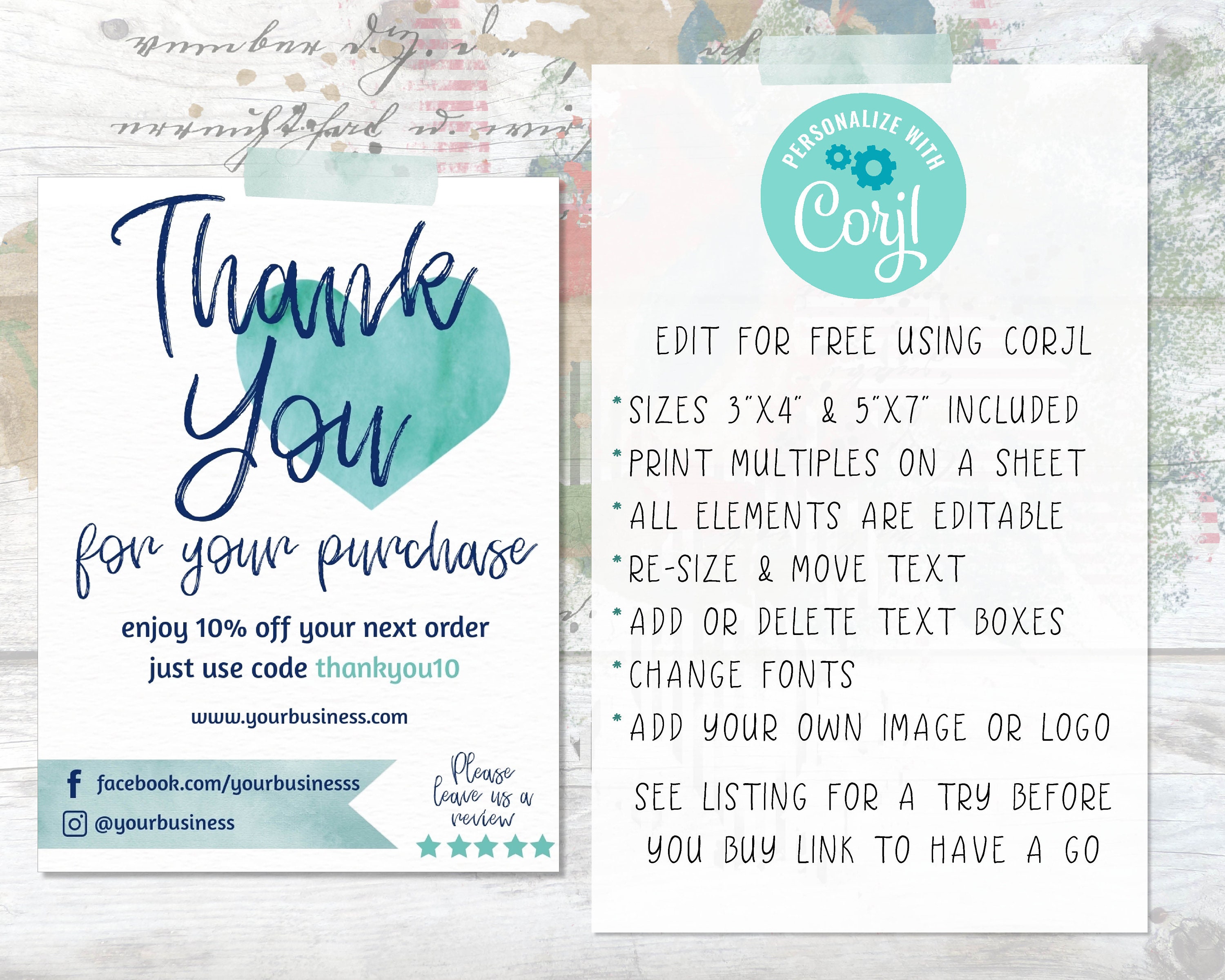 Thank You Note. Editable Thank You for Your Order Note. Etsy UK