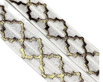 Metallic Gold Quatrefoil Fold Over Elastic: DIY Headbands, Hair Ties - 5/8"