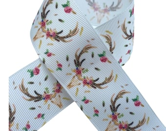 Floral bison skull printed 1.5” grosgrain ribbon by the yard for diy hair bows
