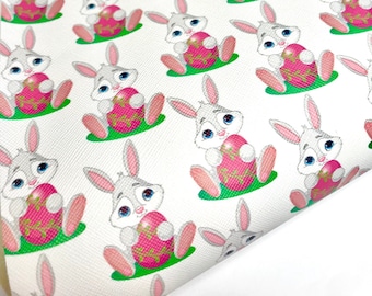 Easter bunny w/ pink eggs printed faux leather sheet, pattern vinyl fabric, diy hair bow accessories, crafting earrings & keychain supplies