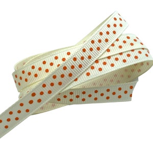 Cream & orange 3/8&quot; polka dot printed grosgrain ribbon, trim by the yard, diy hair bows and lining alligator clips