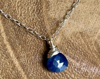 Sapphire teardrop gemstone necklace, September birthstone jewelry, minimalist layering stone necklace, 5th anniversary gift for wife