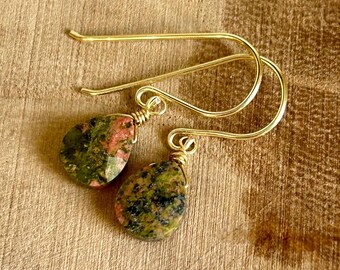 Unakite gemstone dangle earrings, pink & green teardrop stone earrings, dainty crystal jewelry, earrings for everyday, wife birthday gift